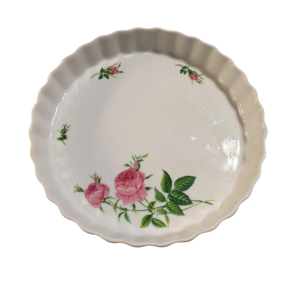 Christineholm Pink Rose Floral Ceramic Quiche Tart Pan 10 In Fluted Baking Dish